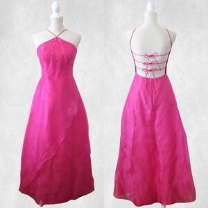 Vintage pink beaded halter prom dress